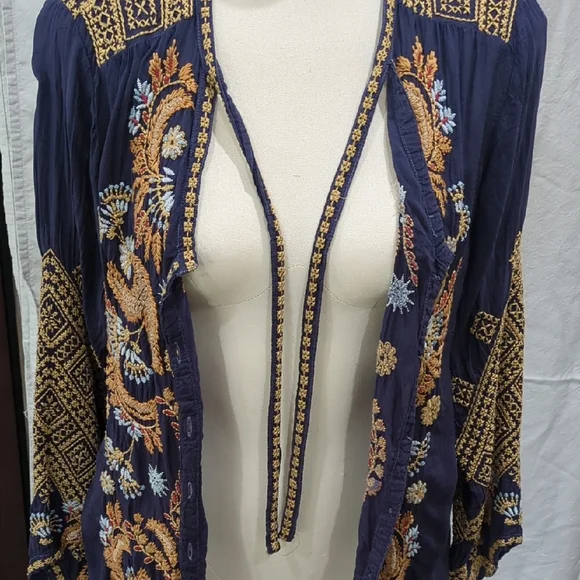 Johnny Was Embroidered Navy and Gold Open Front Jacket - Picture 2 of 13